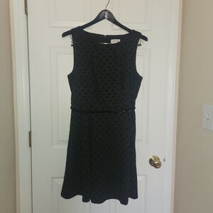 Elle dress black velvet polka dot sleeveless belt fit & flare Size XL Chic